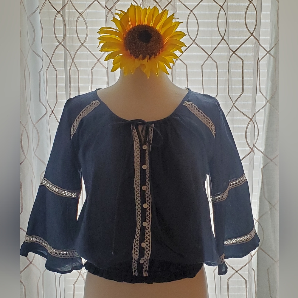 NWT Umgee Bohemian Bell Sleeve Shirt. Deep blue with white lattice trim.